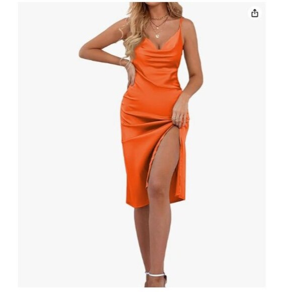 Women's Satin Sleeveless Dress X-Large Sexy Cowl Neck Strappy Orange - Picture 2 of 7